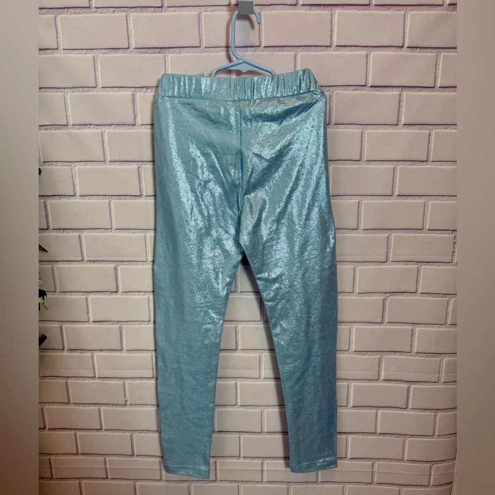 Girls Metallic Blue Shimmer Leggings Size L 10–12 NWT Stretch Elastic Waist